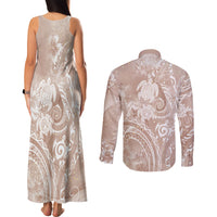 Aloha Hawaii Turtles Floral Couples Matching Tank Maxi Dress and Long Sleeve Button Shirt Taupe Marbles Glaze LT7 - Polynesian Pride