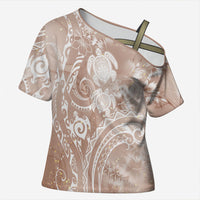 Aloha Hawaii Turtles Floral Cross Shoulder Shirt Taupe Marbles Glaze LT7 Female Taupe - Polynesian Pride