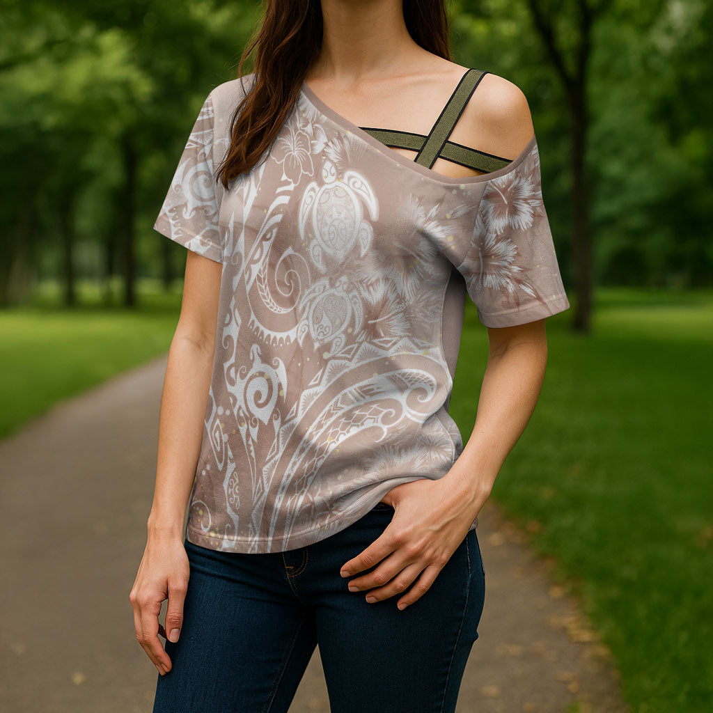 Aloha Hawaii Turtles Floral Cross Shoulder Shirt Taupe Marbles Glaze LT7 - Polynesian Pride