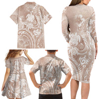 Aloha Hawaii Turtles Floral Family Matching Long Sleeve Bodycon Dress and Hawaiian Shirt Taupe Marbles Glaze LT7 - Polynesian Pride