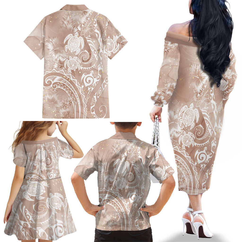 Aloha Hawaii Turtles Floral Family Matching Off The Shoulder Long Sleeve Dress and Hawaiian Shirt Taupe Marbles Glaze LT7 - Polynesian Pride