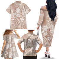 Aloha Hawaii Turtles Floral Family Matching Off The Shoulder Long Sleeve Dress and Hawaiian Shirt Taupe Marbles Glaze LT7 - Polynesian Pride