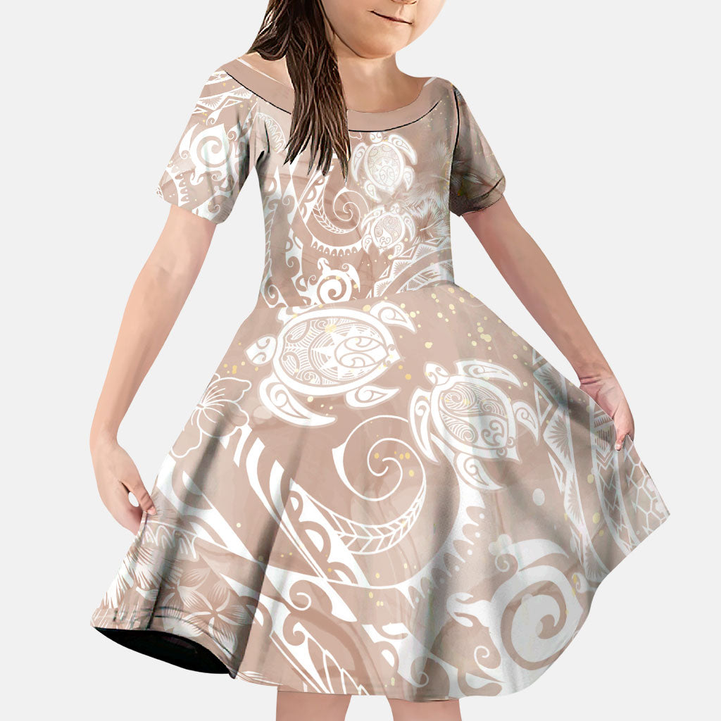Aloha Hawaii Turtles Floral Family Matching Puletasi and Hawaiian Shirt Taupe Marbles Glaze LT7 Daughter's Dress Taupe - Polynesian Pride