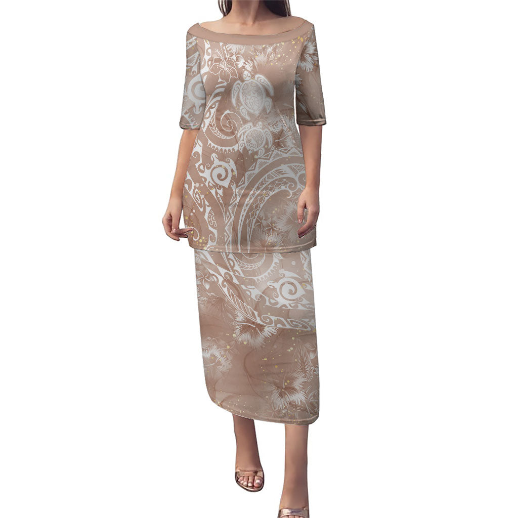Aloha Hawaii Turtles Floral Family Matching Puletasi and Hawaiian Shirt Taupe Marbles Glaze LT7 Mom's Dress Taupe - Polynesian Pride