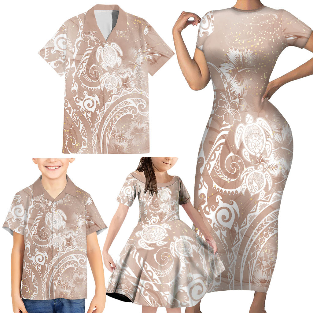 Aloha Hawaii Turtles Floral Family Matching Short Sleeve Bodycon Dress and Hawaiian Shirt Taupe Marbles Glaze LT7 - Polynesian Pride
