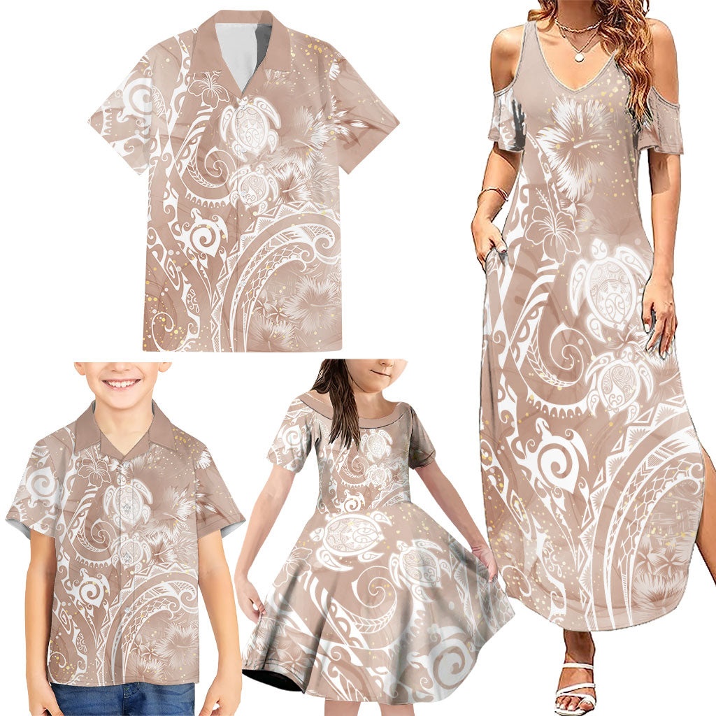 Aloha Hawaii Turtles Floral Family Matching Summer Maxi Dress and Hawaiian Shirt Taupe Marbles Glaze LT7 - Polynesian Pride
