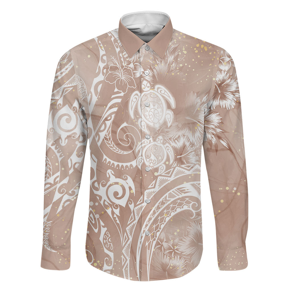 Aloha Hawaii Turtles Floral Family Matching Summer Maxi Dress and Hawaiian Shirt Taupe Marbles Glaze LT7 Dad's Shirt - Long Sleeve Taupe - Polynesian Pride