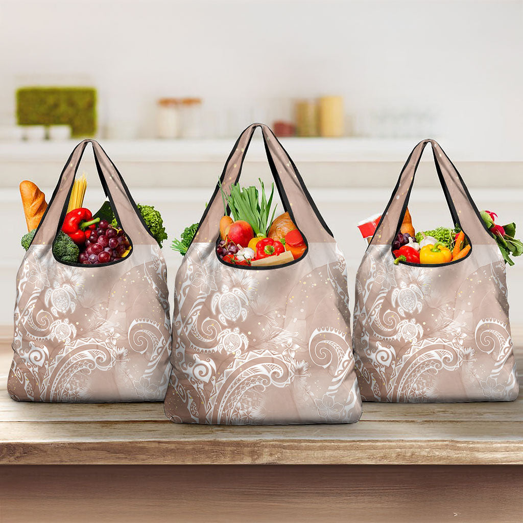 Aloha Hawaii Turtles Floral Grocery Bag Taupe Marbles Glaze LT7 3-pack One Size Taupe - Polynesian Pride