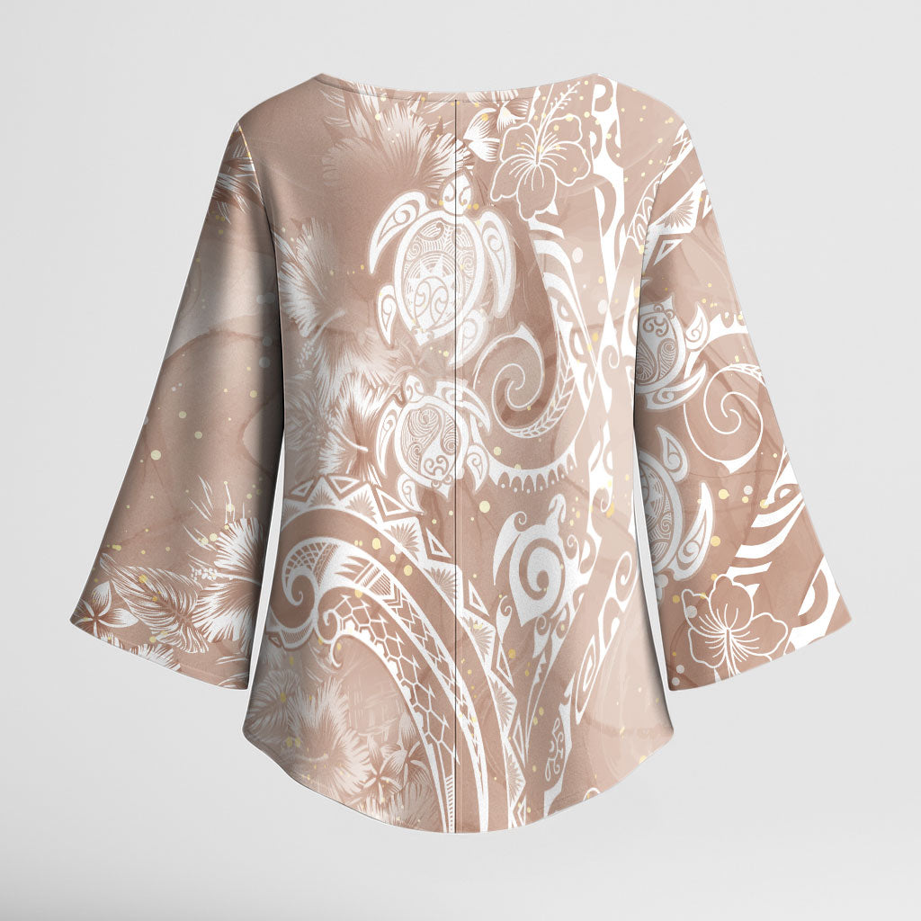 Aloha Hawaii Turtles Floral Kimono Sleeve Blouse Taupe Marbles Glaze LT7 - Polynesian Pride