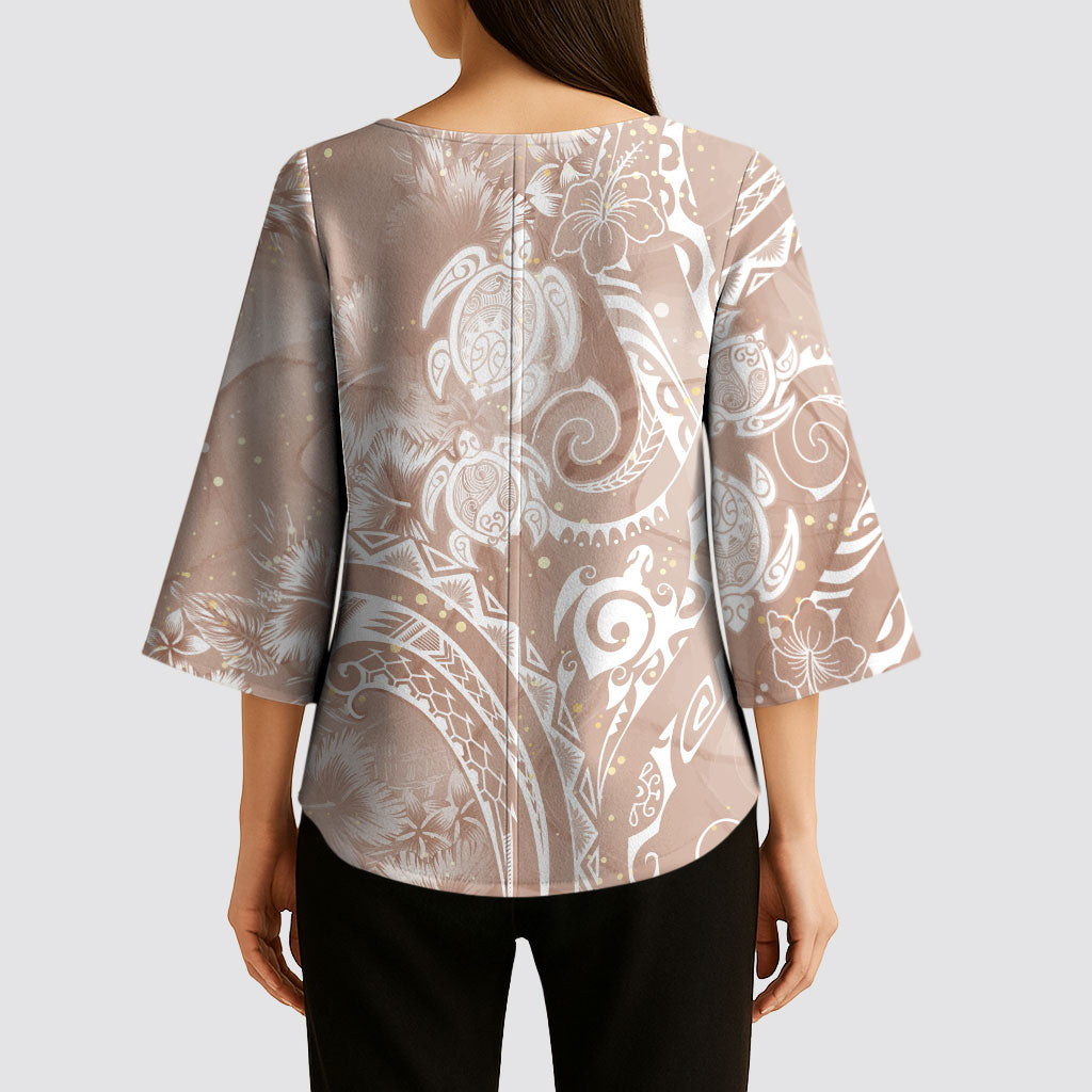 Aloha Hawaii Turtles Floral Kimono Sleeve Blouse Taupe Marbles Glaze LT7 - Polynesian Pride