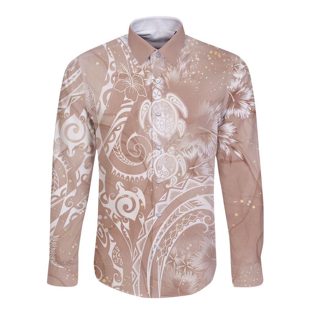 Aloha Hawaii Turtles Floral Long Sleeve Button Shirt Taupe Marbles Glaze LT7 Unisex Taupe - Polynesian Pride