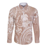 Aloha Hawaii Turtles Floral Long Sleeve Button Shirt Taupe Marbles Glaze LT7 Unisex Taupe - Polynesian Pride