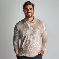 Aloha Hawaii Turtles Floral Long Sleeve Polo Shirt Taupe Marbles Glaze LT7 - Polynesian Pride