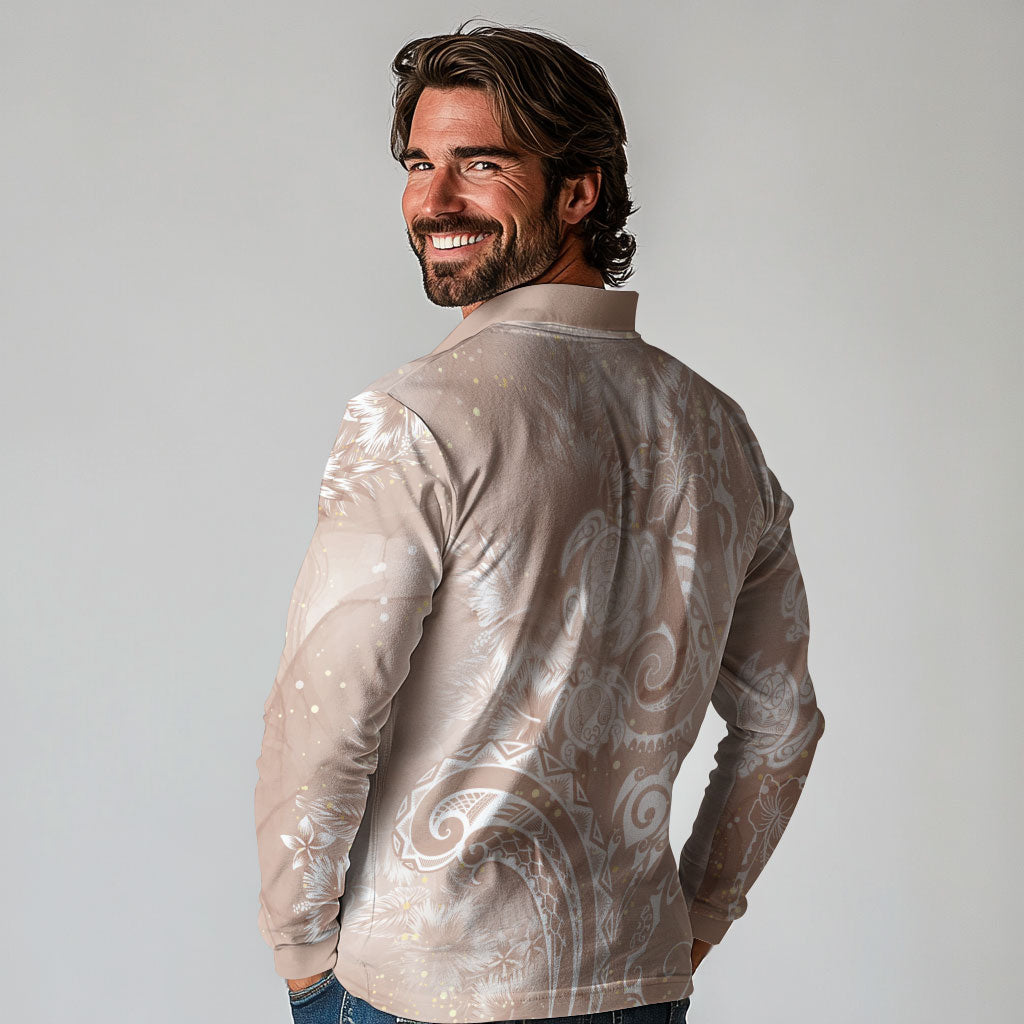 Aloha Hawaii Turtles Floral Long Sleeve Polo Shirt Taupe Marbles Glaze LT7 - Polynesian Pride