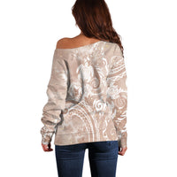 Aloha Hawaii Turtles Floral Off Shoulder Sweater Taupe Marbles Glaze LT7 - Polynesian Pride
