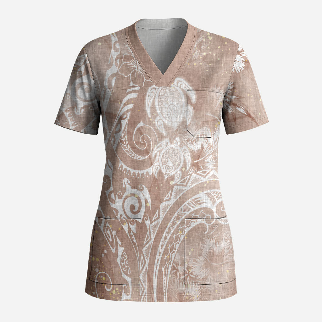 Aloha Hawaii Turtles Floral Scrub Top Taupe Marbles Glaze LT7 Adult Taupe - Polynesian Pride