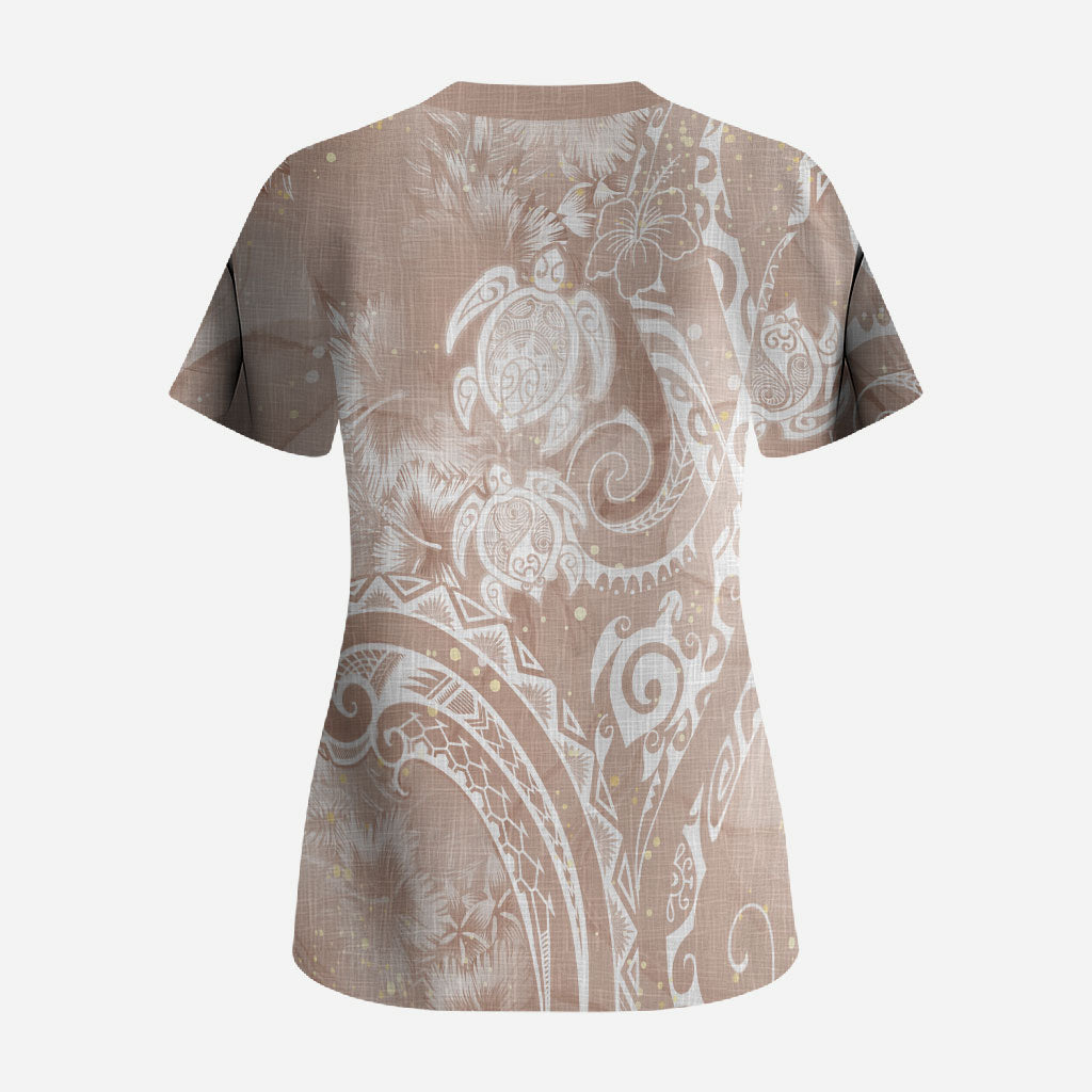 Aloha Hawaii Turtles Floral Scrub Top Taupe Marbles Glaze LT7 - Polynesian Pride