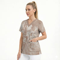 Aloha Hawaii Turtles Floral Scrub Top Taupe Marbles Glaze LT7 - Polynesian Pride