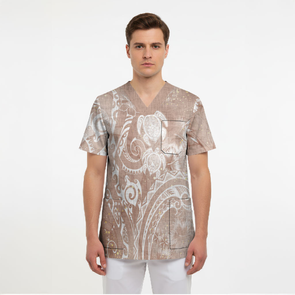 Aloha Hawaii Turtles Floral Scrub Top Taupe Marbles Glaze LT7 - Polynesian Pride
