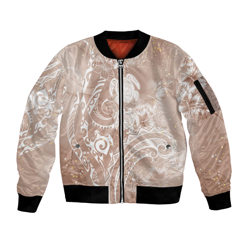 Aloha Hawaii Turtles Floral Sleeve Zip Bomber Jacket Taupe Marbles Glaze LT7 Unisex Taupe - Polynesian Pride