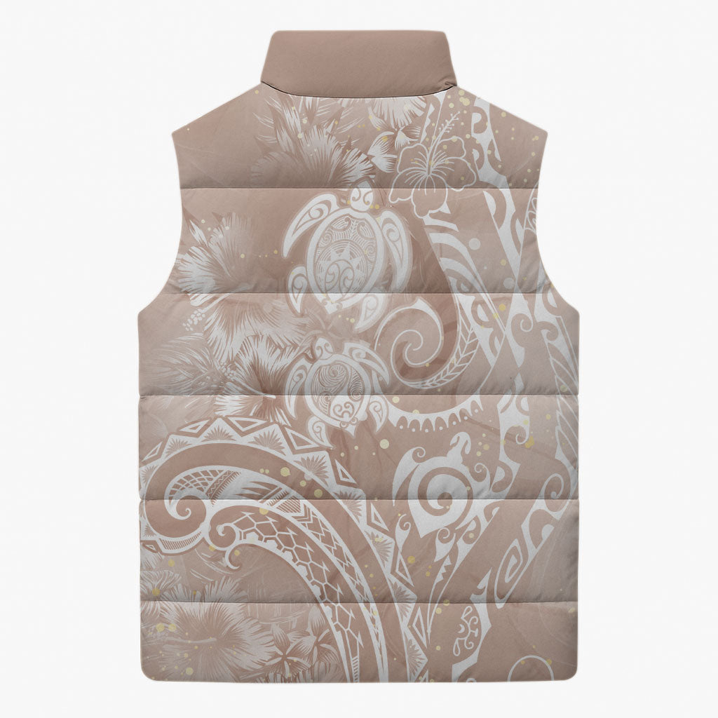Aloha Hawaii Turtles Floral Sleeveless Puffer Jacket Taupe Marbles Glaze LT7 - Polynesian Pride
