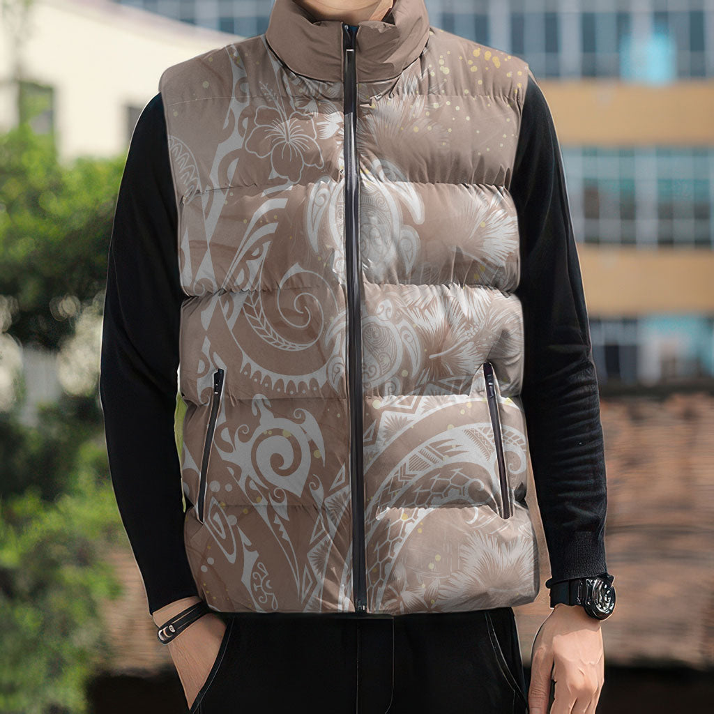 Aloha Hawaii Turtles Floral Sleeveless Puffer Jacket Taupe Marbles Glaze LT7 - Polynesian Pride