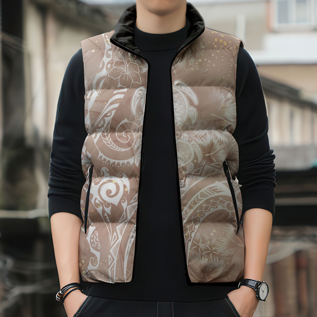 Aloha Hawaii Turtles Floral Sleeveless Puffer Jacket Taupe Marbles Glaze LT7 - Polynesian Pride