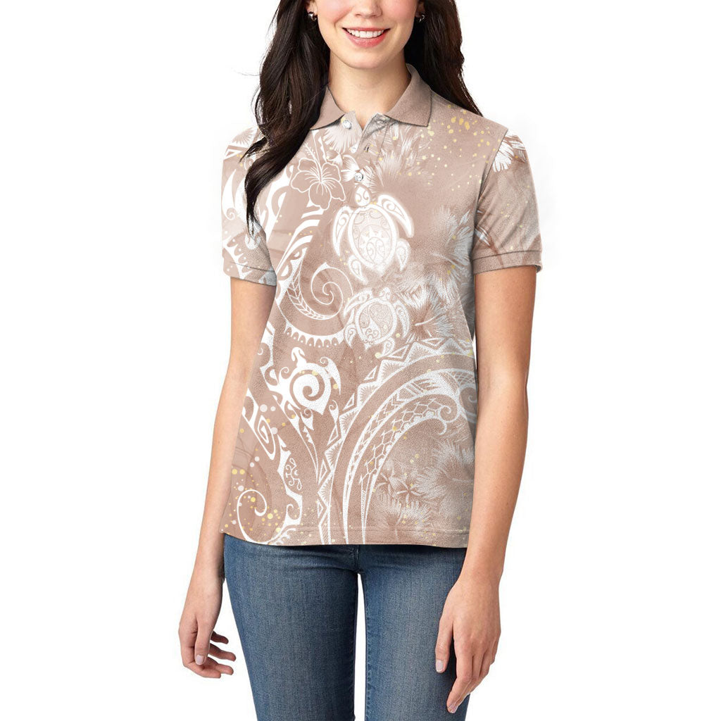 Aloha Hawaii Turtles Floral Women Polo Shirt Taupe Marbles Glaze LT7 - Polynesian Pride