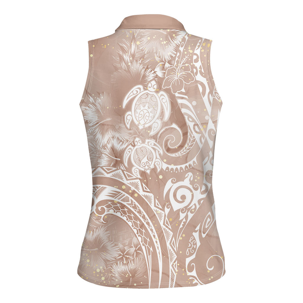 Aloha Hawaii Turtles Floral Women Sleeveless Polo Shirt Taupe Marbles Glaze LT7 - Polynesian Pride