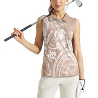 Aloha Hawaii Turtles Floral Women Sleeveless Polo Shirt Taupe Marbles Glaze LT7 - Polynesian Pride