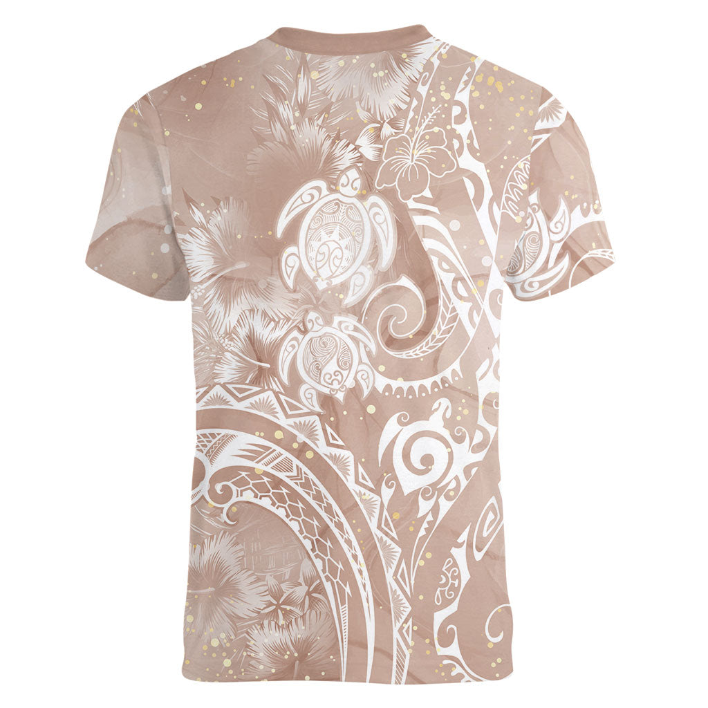 Aloha Hawaii Turtles Floral Women V-Neck T-Shirt Taupe Marbles Glaze LT7 - Polynesian Pride