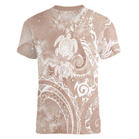 Aloha Hawaii Turtles Floral Women V-Neck T-Shirt Taupe Marbles Glaze LT7 - Polynesian Pride