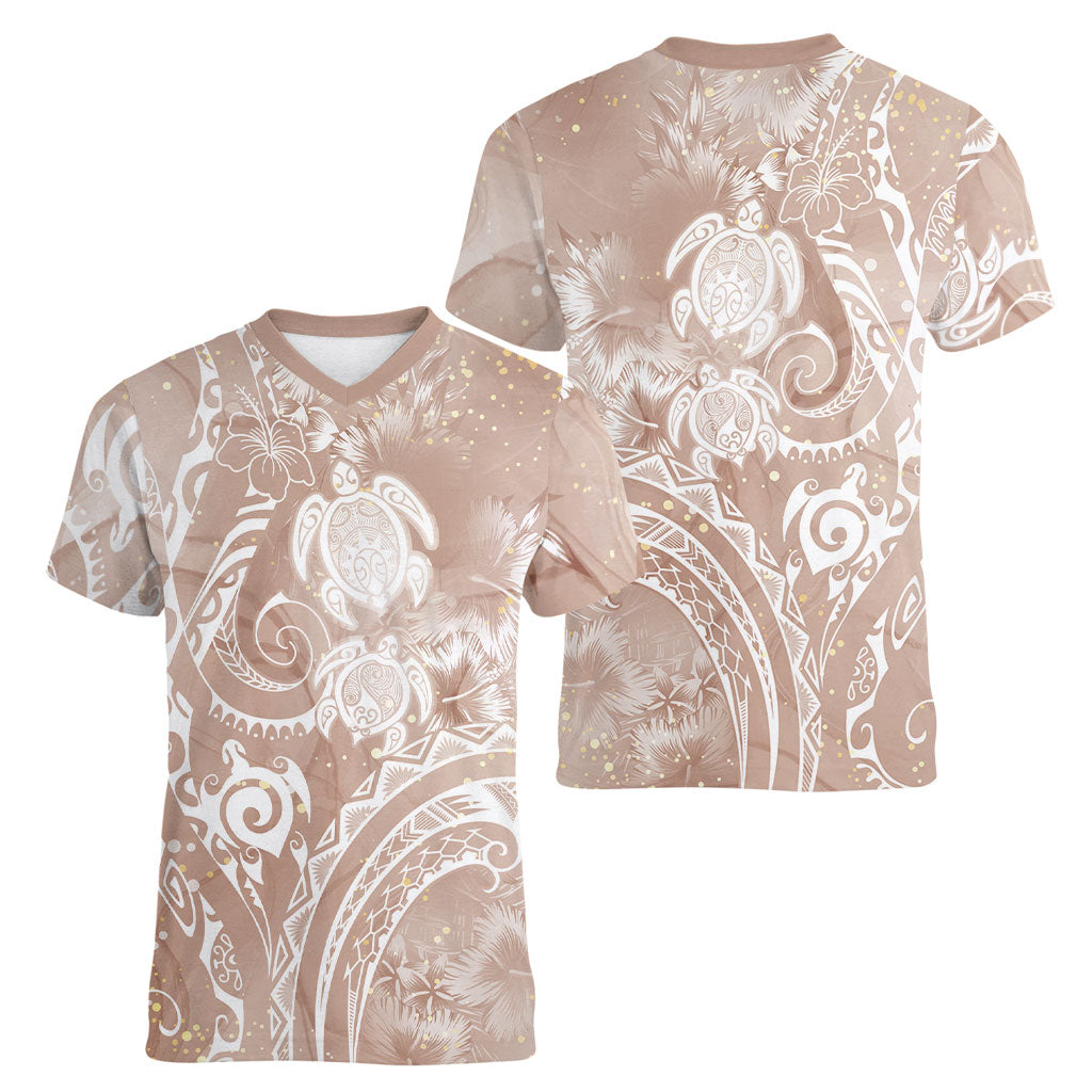 Aloha Hawaii Turtles Floral Women V-Neck T-Shirt Taupe Marbles Glaze LT7 - Polynesian Pride