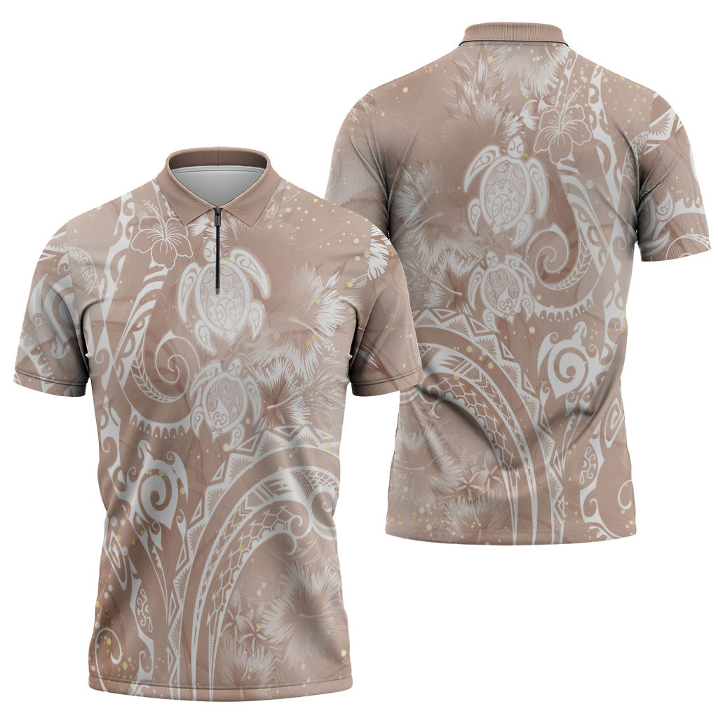Aloha Hawaii Turtles Floral Zipper Polo Shirt Taupe Marbles Glaze LT7 - Polynesian Pride