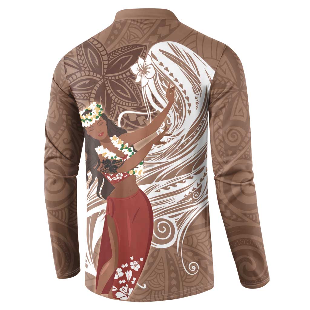 Tahiti Islands Polynesian Plumeria Button Sweatshirt Tahitian Vahine 'Ote'a - Beige