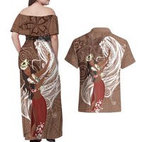 Tahiti Islands Polynesian Plumeria Couples Matching Off Shoulder Maxi Dress and Hawaiian Shirt Tahitian Vahine 'Ote'a - Beige