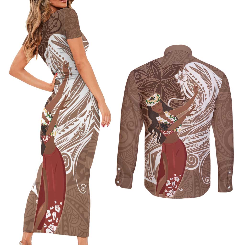 Tahiti Islands Polynesian Plumeria Couples Matching Short Sleeve Bodycon Dress and Long Sleeve Button Shirt Tahitian Vahine 'Ote'a - Beige