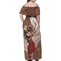 Tahiti Islands Polynesian Plumeria Family Matching Off Shoulder Maxi Dress and Hawaiian Shirt Tahitian Vahine 'Ote'a - Beige