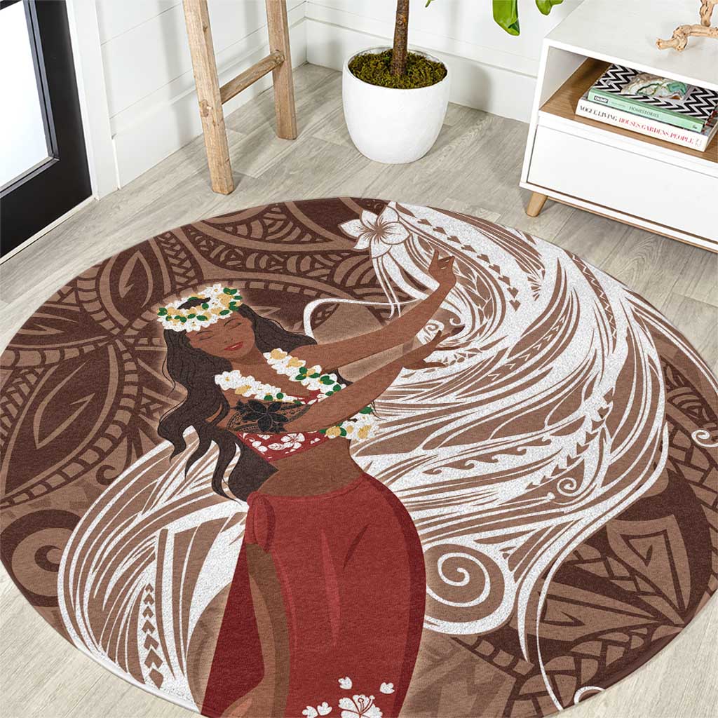 Tahiti Islands Polynesian Plumeria Round Carpet Tahitian Vahine 'Ote'a - Beige LT7 Beige - Polynesian Pride