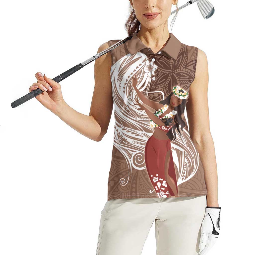 Tahiti Islands Polynesian Plumeria Women Sleeveless Polo Shirt Tahitian Vahine 'Ote'a - Beige