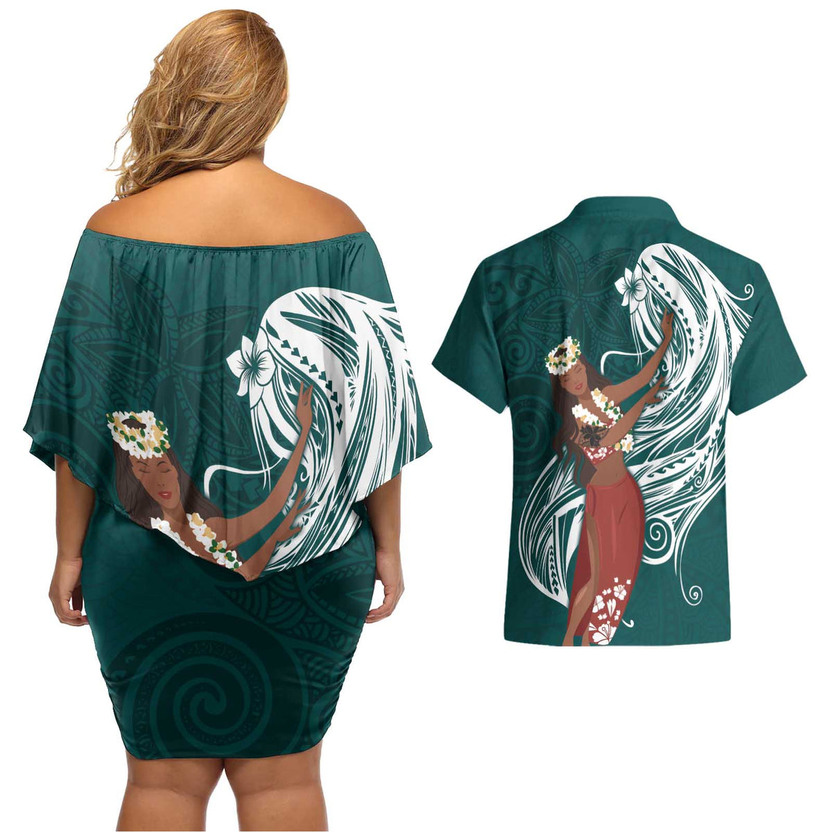 Tahiti Islands Polynesian Plumeria Couples Matching Off Shoulder Short Dress and Hawaiian Shirt Tahitian Vahine 'Ote'a - Teal