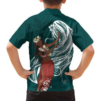 Tahiti Islands Polynesian Plumeria Family Matching Off Shoulder Short Dress and Hawaiian Shirt Tahitian Vahine 'Ote'a - Teal