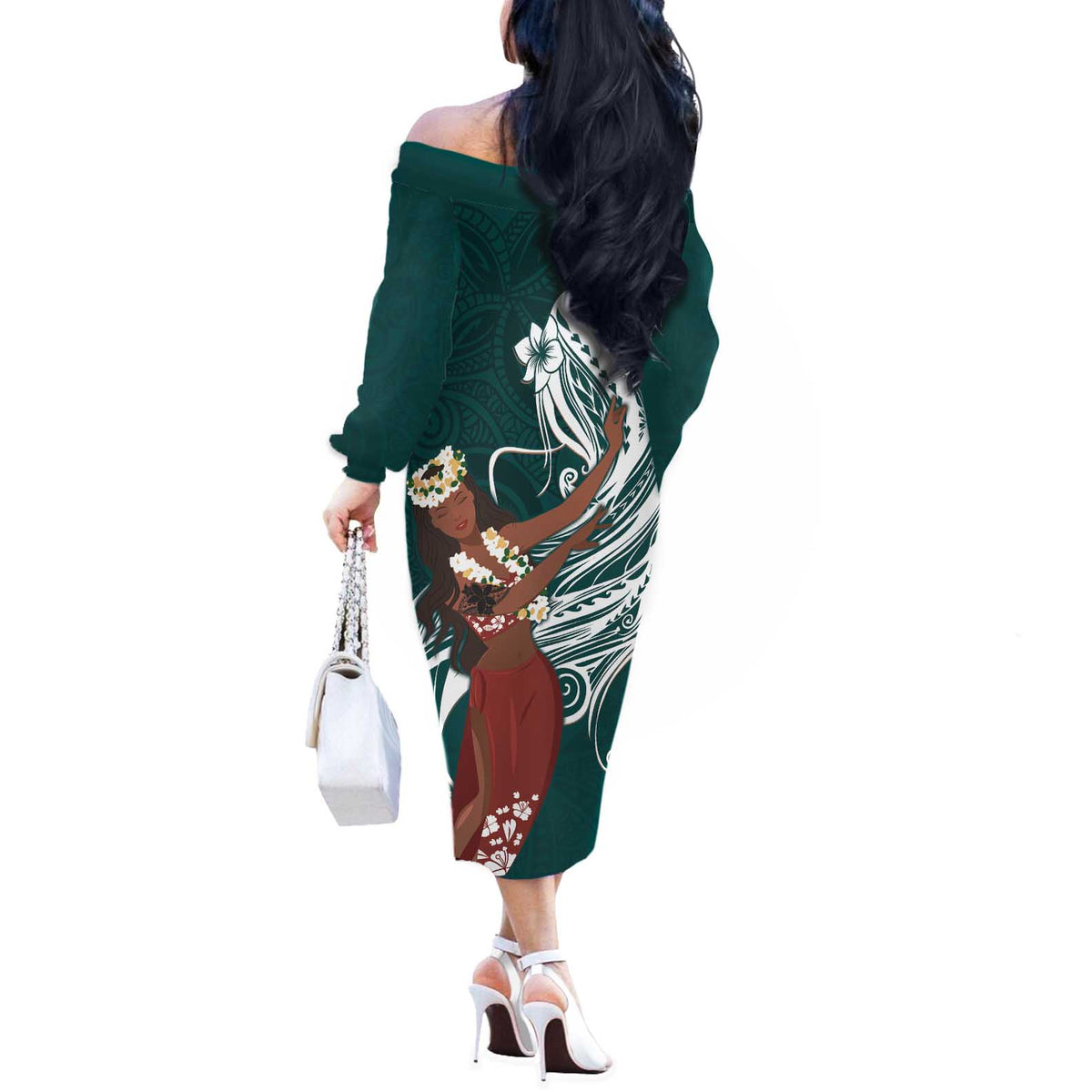 Tahiti Islands Polynesian Plumeria Off The Shoulder Long Sleeve Dress Tahitian Vahine 'Ote'a - Teal