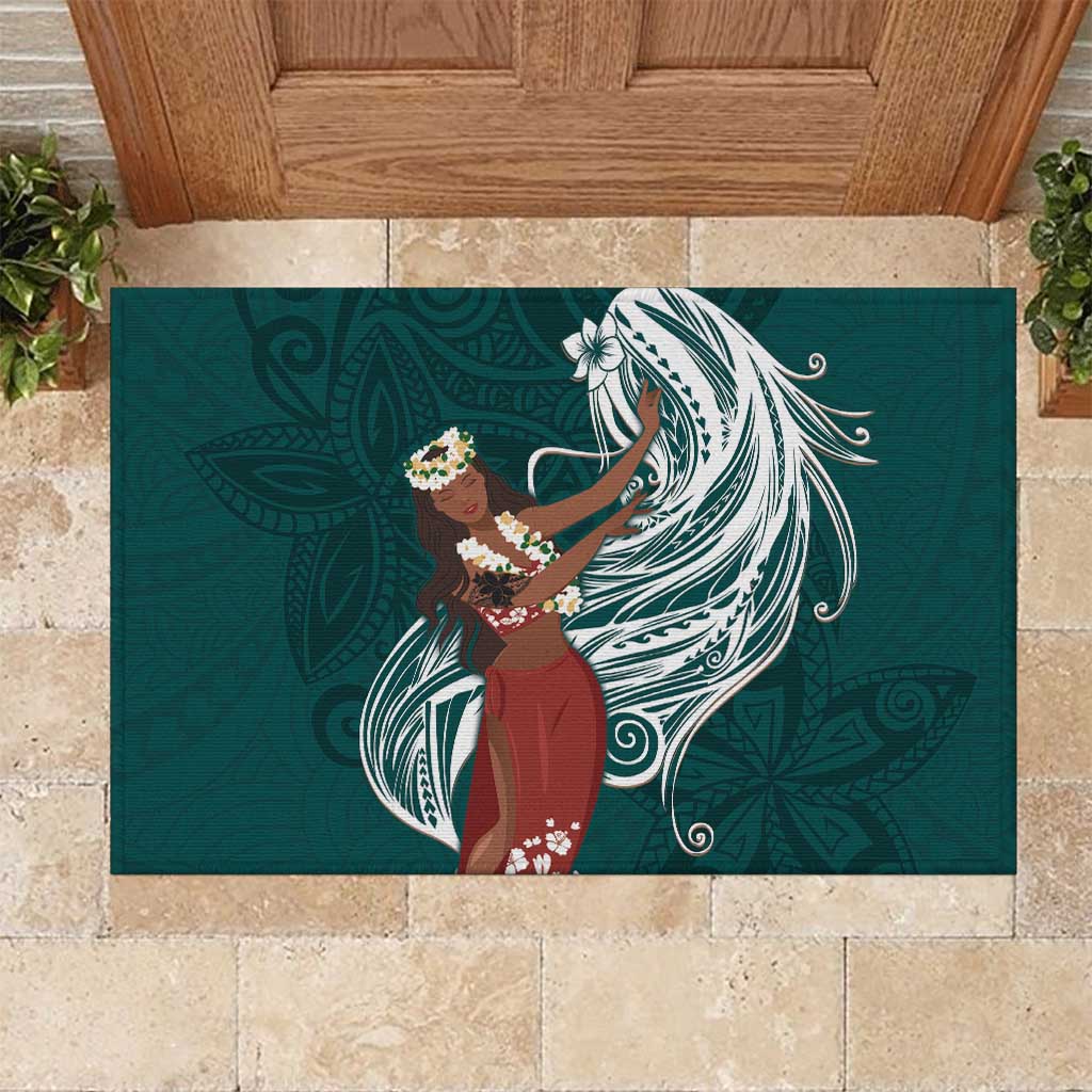 Tahiti Islands Polynesian Plumeria Rubber Doormat Tahitian Vahine 'Ote'a - Teal LT7 Teal - Polynesian Pride