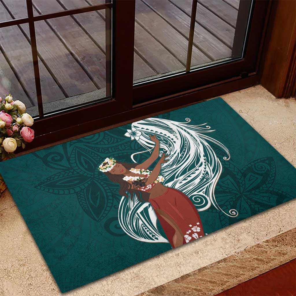 Tahiti Islands Polynesian Plumeria Rubber Doormat Tahitian Vahine 'Ote'a - Teal LT7 - Polynesian Pride