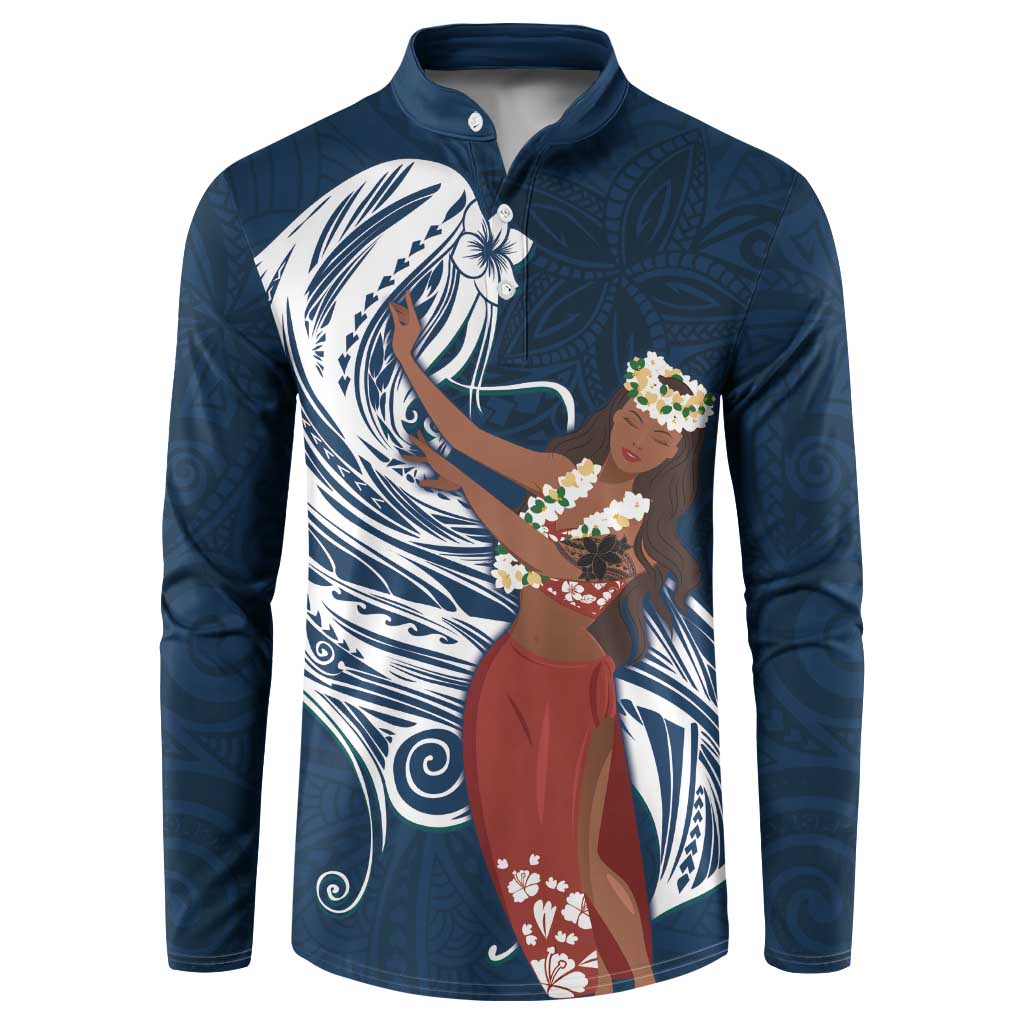 Tahiti Islands Polynesian Plumeria Button Sweatshirt Tahitian Vahine 'Ote'a - Navy Blue LT7 Blue - Polynesian Pride