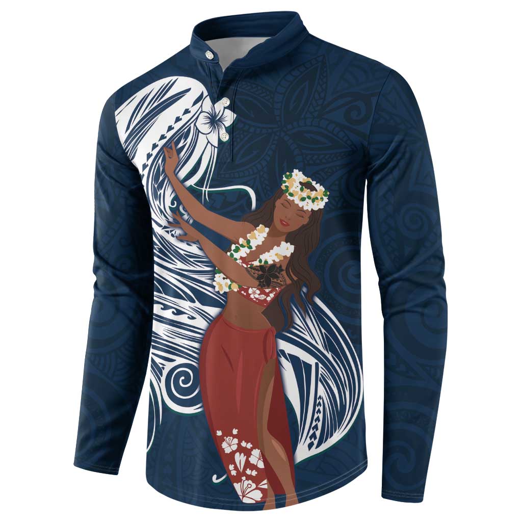 Tahiti Islands Polynesian Plumeria Button Sweatshirt Tahitian Vahine 'Ote'a - Navy Blue LT7 - Polynesian Pride