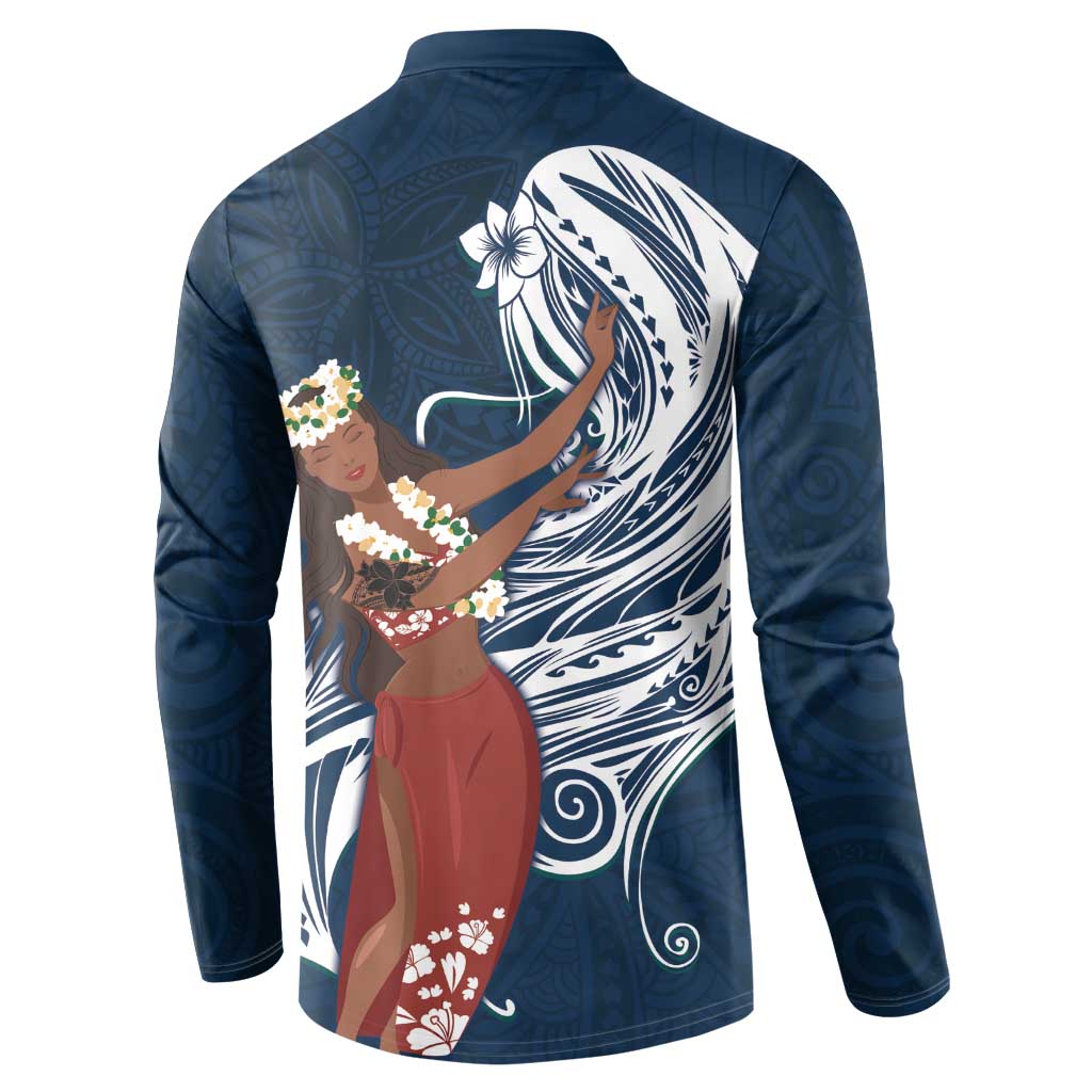 Tahiti Islands Polynesian Plumeria Button Sweatshirt Tahitian Vahine 'Ote'a - Navy Blue LT7 - Polynesian Pride