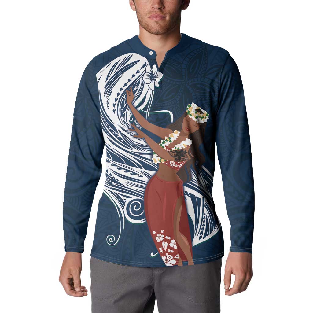 Tahiti Islands Polynesian Plumeria Button Sweatshirt Tahitian Vahine 'Ote'a - Navy Blue LT7 - Polynesian Pride