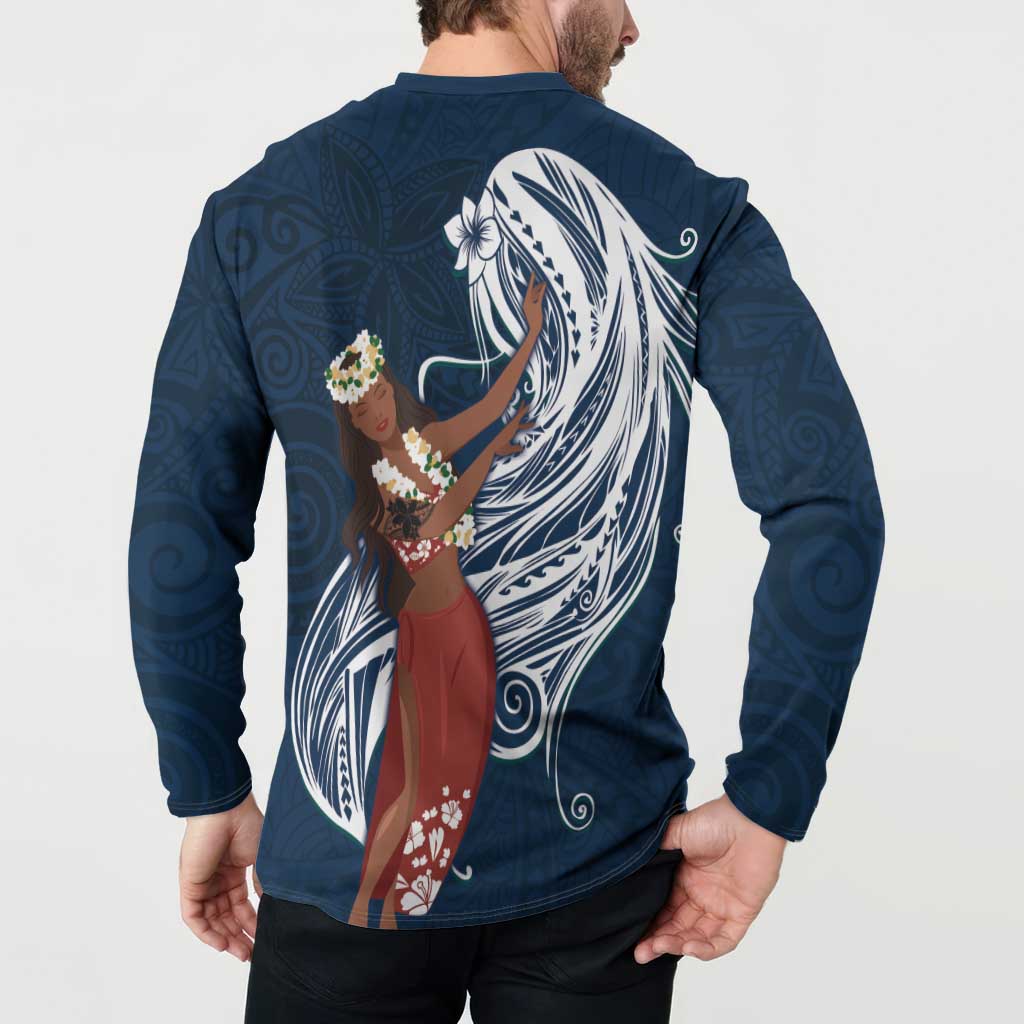 Tahiti Islands Polynesian Plumeria Button Sweatshirt Tahitian Vahine 'Ote'a - Navy Blue LT7 - Polynesian Pride